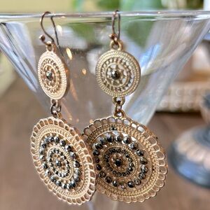 Gold metal and bronze beadwork dangle earrings
